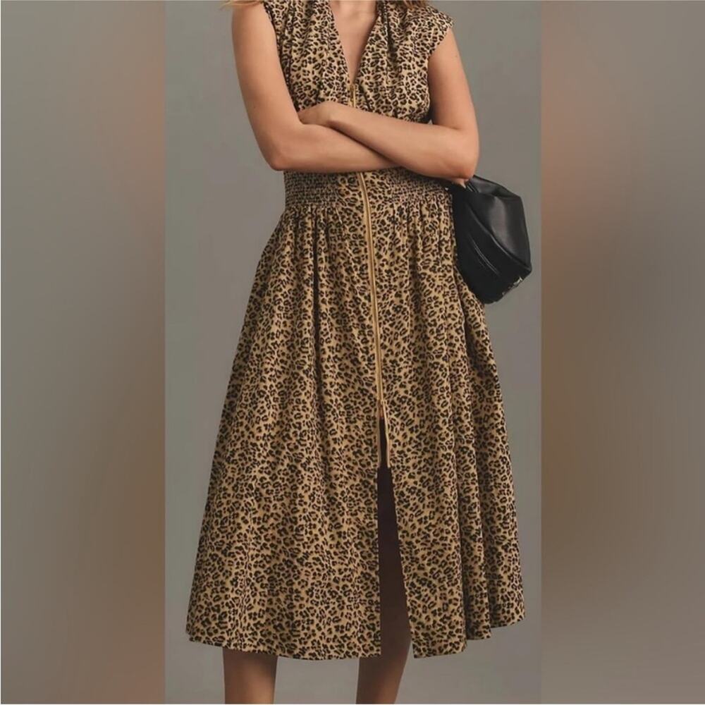 Anthropologie Leopard Print Zip Front Smocked Waist Dress